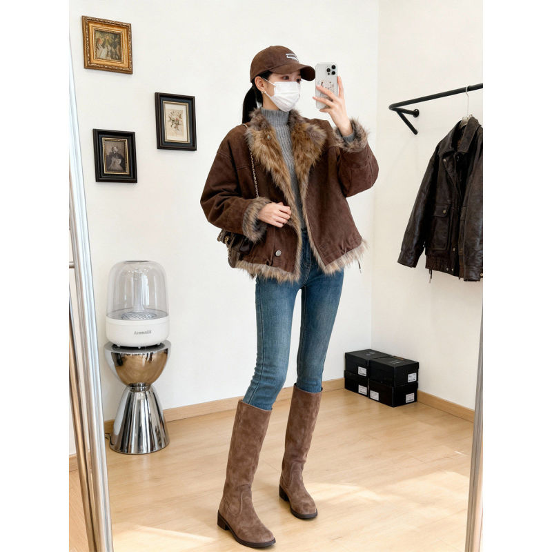 Melard Color Series Stylish Fur Collar Patchwork Cotton-Padded Jacket, Slim-Fit Long-Sleeve Leather and Fur Integrated Coat for Petite Figures Melard Color Series Stylish Fur Collar Patchwork Cotton-Padded Jacket, Slim-Fit Long-Sleeve Leather and Fur Integrated Coat for Petite Figures