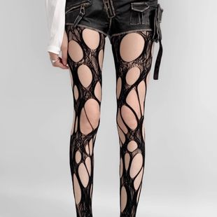 Black Ripped Fishnet Stockings New Style Torn Personalized Rose Cut Out Asymmetrical Stockings Gothic Sexy Punk Style Socks