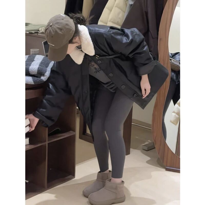 Korean Style Retro Cashmere Lapel Jacket Single-Breasted Workwear Leather Jacket Loose Mid-Length Thickeneded Cotton Jacket for Women Korean Style Retro Cashmere Lapel Jacket Single-Breasted Workwear Leather Jacket Loose Mid-Length Thickeneded Cotton Jacket for Women
