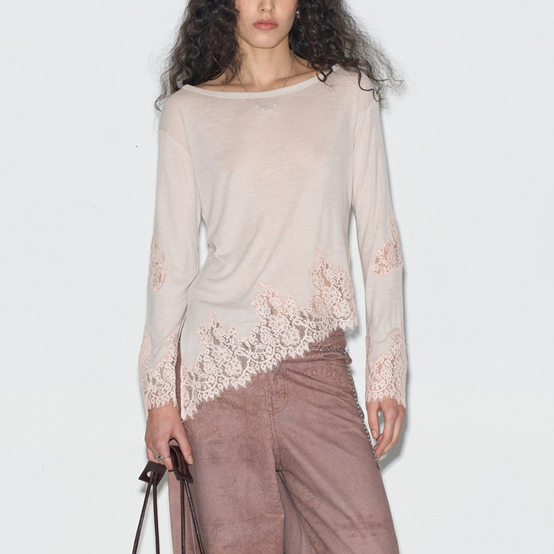 2026 Autumn New Collection: Unique Asymmetrical Lace Patchwork Long-Sleeve T-Shirt for Women, Slim-Fit, Figure-Flattering, and Versatile Top 2026 Autumn New Collection: Unique Asymmetrical Lace Patchwork Long-Sleeve T-Shirt for Women, Slim-Fit, Figure-Flattering, and Versatile Top