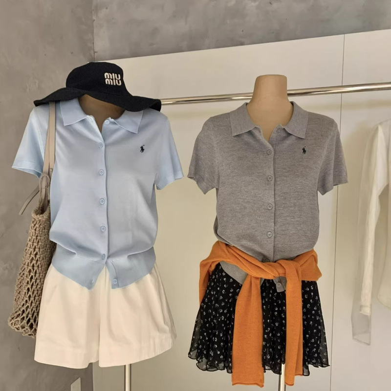 Wgwe8310 Guangzhou Shisanxing Women's Clothing Autumn/Winter New Polo Collar Casual Versatile Short Sleeve Knitted Cardigan Top