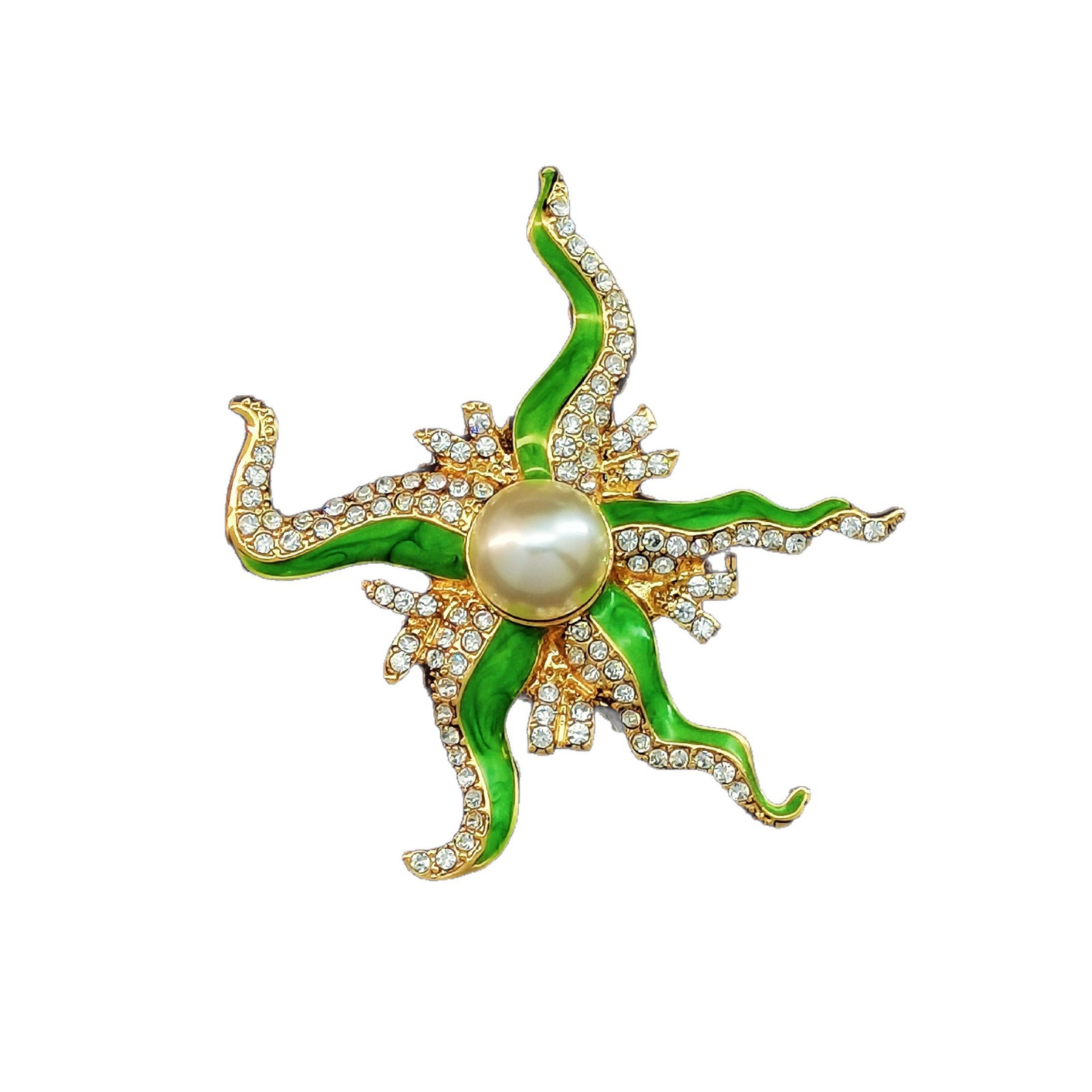 Europäisch-amerikanische Brosche im Zirkon-besetzten Emaille-Stil mit grün-blauen Perlen und unregelmäßigem Seestern in leuchtendem Gold, modisch und_voghion.com