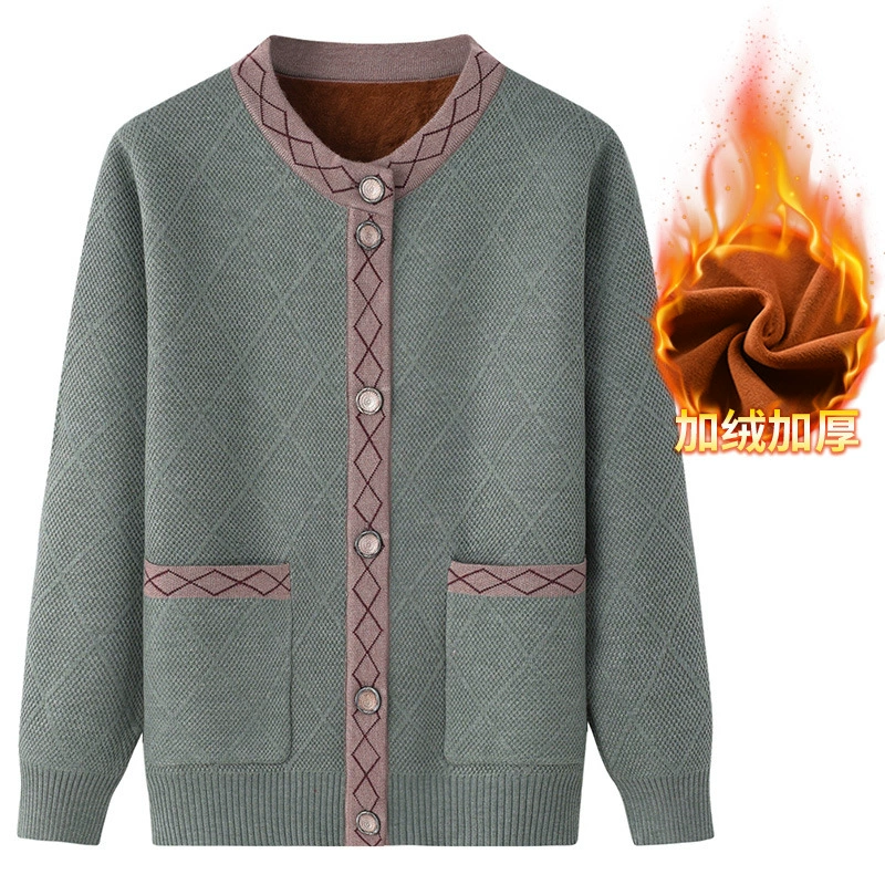 Весенне-осенний свитер для бабушки, пальто для среднего и пожилого возраста, утолщенный вязаный кардиган на флисовой подкладке больших размеров для мамы, осенне-зимний Кардиган, старая леди