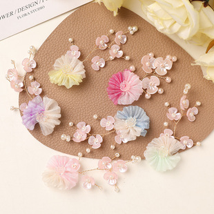 Cute Sweet Girl's Two-Color Gauze Pearl Flower Branch DIY Earrings Earrings Women's Hairpins Headdress Clothing Accessories