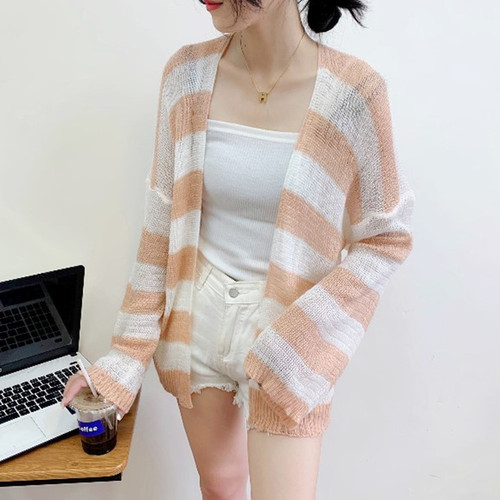 Color-blocked Korean-style cashmere sun-protective long-sleeved loose striped knit cardigan women's top coat