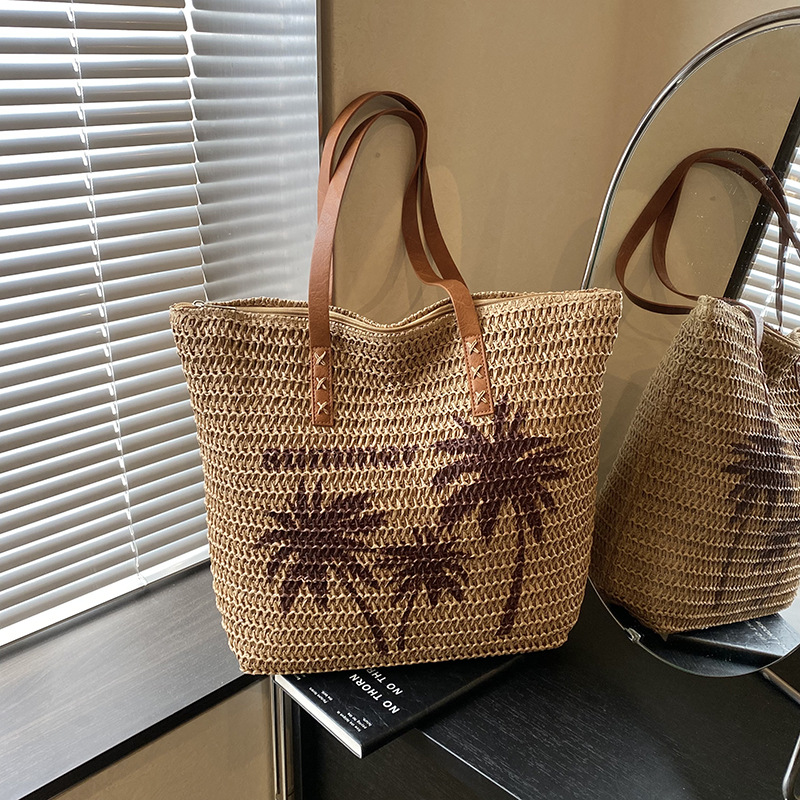 Beach Vacation Style Large Capacity Coconut Tree Print Straw Bag Women's Summer New Woven Shoulder Bag