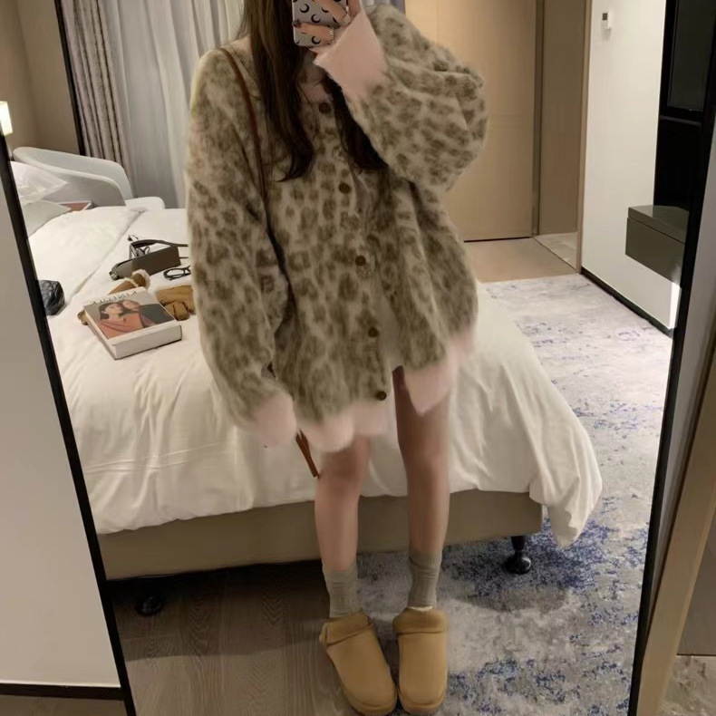 Cárdigan de Punto con Estampado de Leopardo para Mujer de Poliéster y Elastano Cuello redondo para Otoño e Invierno