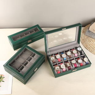 12-Slot Upgraded Watch Box, Green Lockable Leather Jewelry Box with Window, Multi-Slot Watch Display Box, Jewelry Box