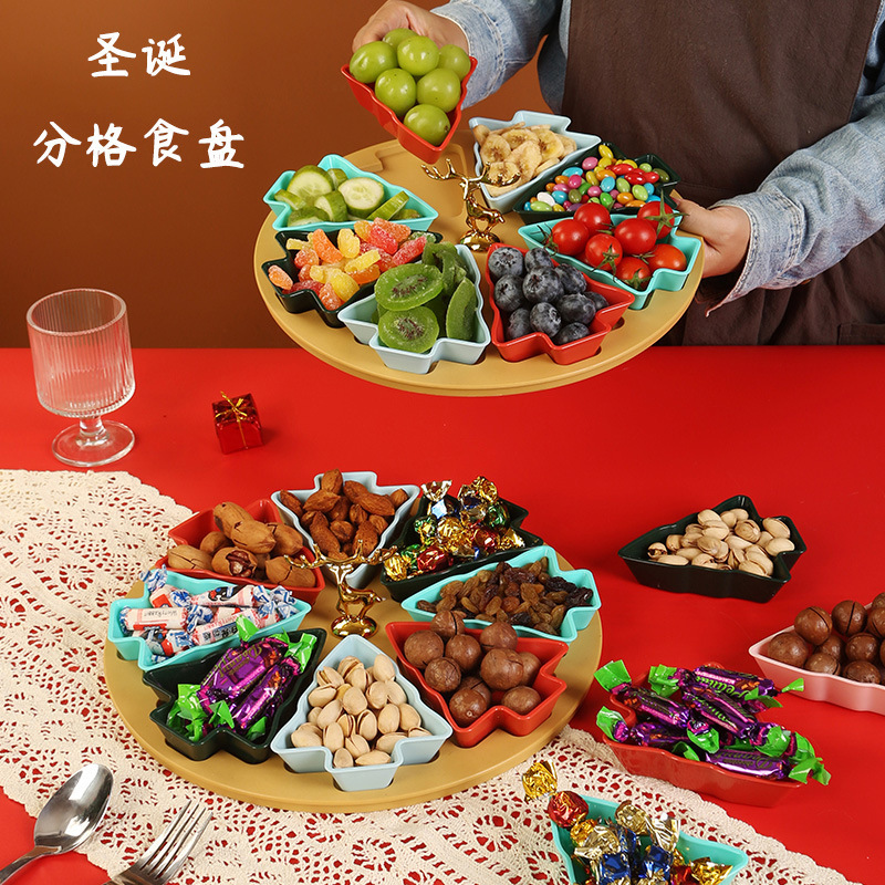 Cross-Border Hot-Selling Base Groove Design 5-Compartment Living Room Fruit Plate 8-Compartment Christmas Tree Fruit Plate with Reindeer Decoration