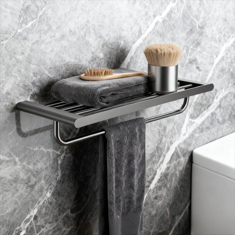 Gunmetal Gray 304 Stainless Steel Wall-Mounted Perforated Towel Rack Multifunctional Towel and Tissue Storage Rack Set