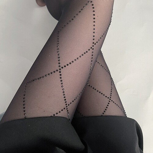 New Arrival Recommendation: Rhinestone-Embellished Mesh Stockings with Diamond-Set Black Pantyhose—Elegant Women's Rhombus-Shape Rhinestones, Ultra-Thin Velvet Design, Perfect for Custom Cutting
