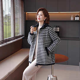 千鸟格呢子连帽2025妈妈春装外套中年春秋上衣中老年女装新款洋气