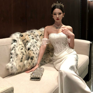法式高级性感一字肩抹胸连衣裙女气质生日party晚礼服包臀长裙子