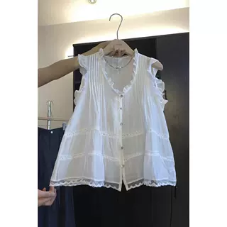 网图法式高级感V领荷叶边小飞袖衬衫女夏季新款洋气减龄白色上衣