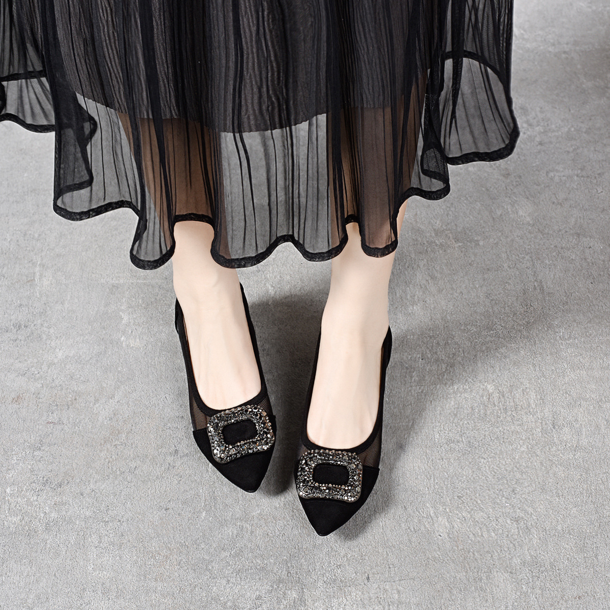 Giày sandal nữ da thật lưới mỏng mũi nhọn gót vuông 3 cm xỏ chân thoáng khí — Đen--3CM chi tiết 5