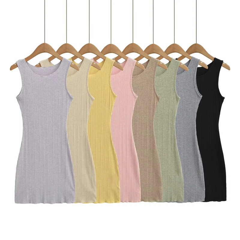 Sexy ribbed knitted sleeveless dress for women, slim fit, elegant, round neck, waist-cinching, figure-flattering, bodycon tank top short dress