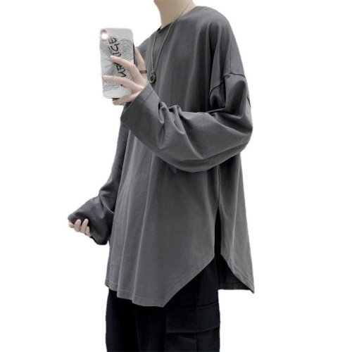 Unstructured long-sleeve men's T-shirt, trendy and versatile, solid-colored base shirt, fashionable brand, Instagram, Hong Kong style, spring and autumn top, loose hoodie