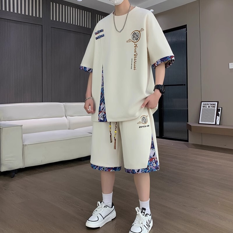 New Chinoiserie Short-Sleeved T-Shirt for Men in Summer, Three-Quarter Sleeve Casual Sports Suit for Boys to Wear with a Set of Shorts