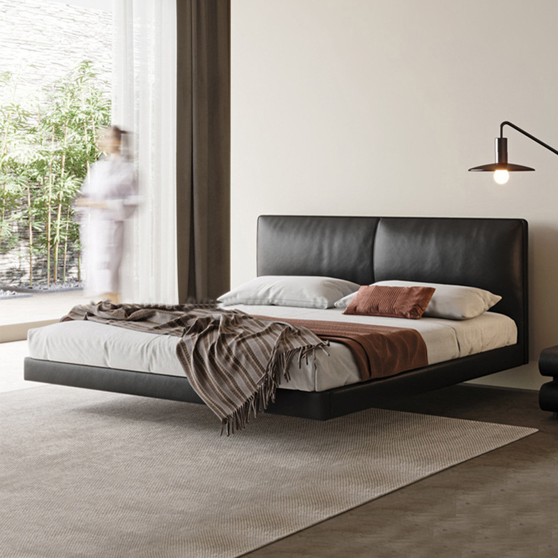 Cama de suspensión minimalista italiana, cama de madera sólida, cama de cuero delgada, cama principal, cama de cama negra moderna y simple, cama de cama lateral