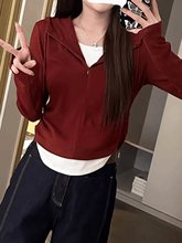 假两件连帽长袖恤女2025秋季新款大码微胖显瘦正肩上衣打底衫
