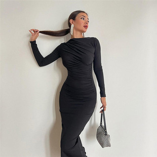 2025 Spring & Fall New European and American Amazon Cross-Border Slim and High-End Pure Color Elegant Long Hip-Hugging Dress for Women