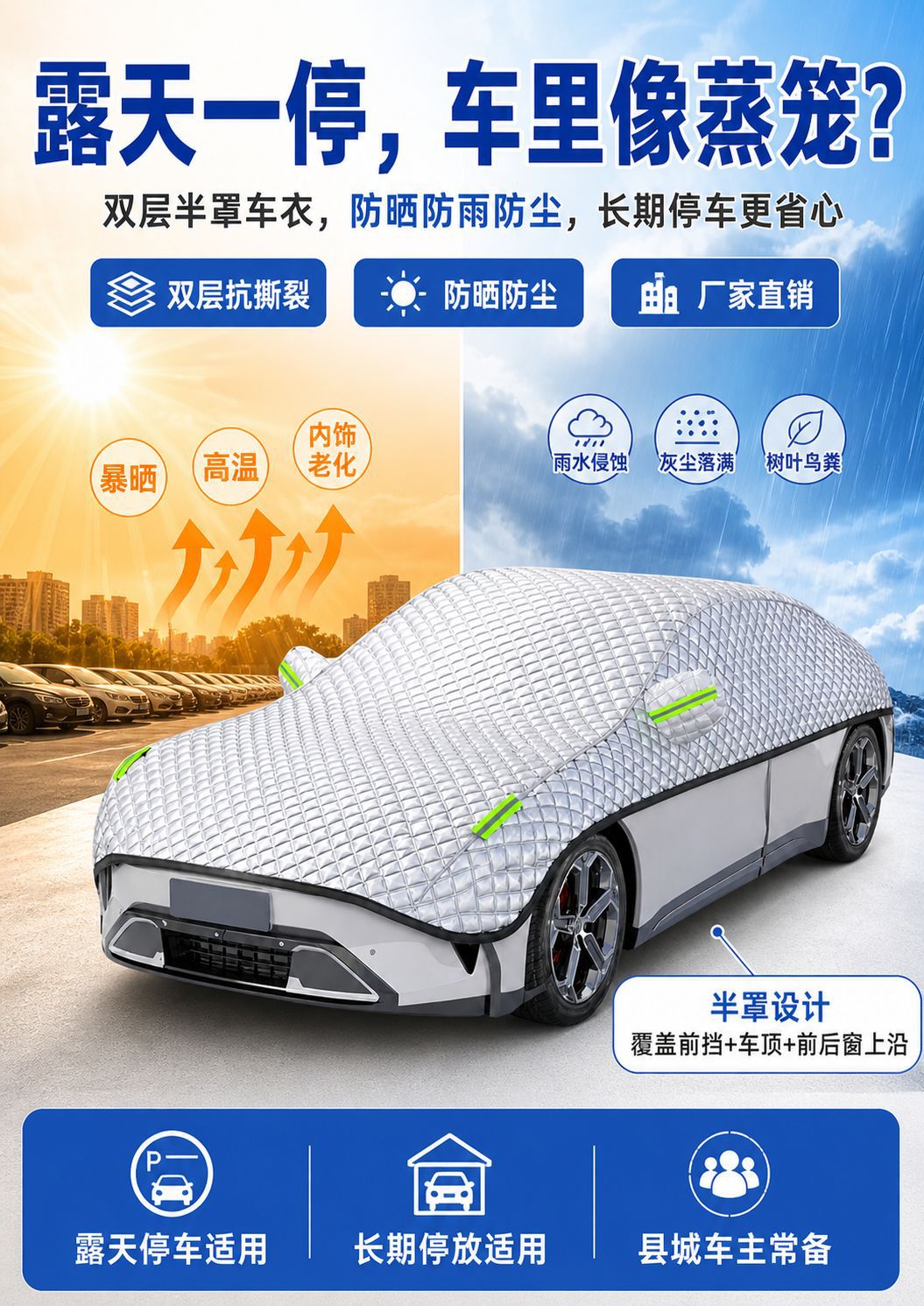 Car Half-Cover Sunshade and Sun Protection Cover, Anti-Snow, Anti-Frost, Anti-Freeze, Anti-Rain, Summer Heat Insulation Half-Body Car Cover, Thickened with Velvet Cotton