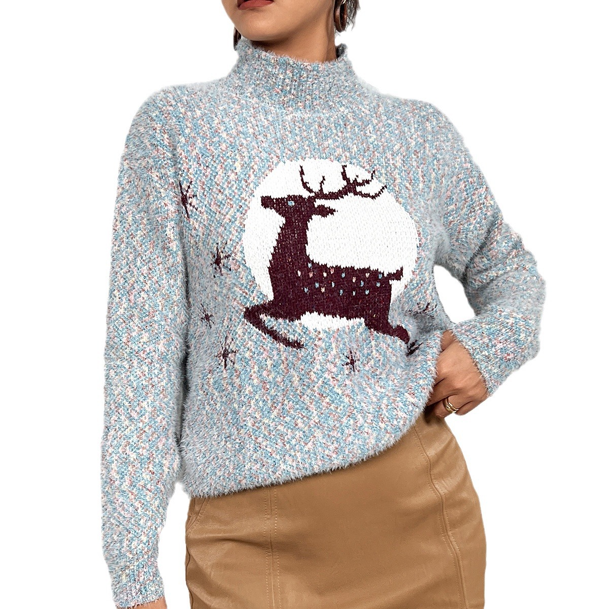 European and American cross-border foreign trade Christmas sweater fashionable half turtleneck long-sleeved pullover half turtleneck elk jacquard knitted top