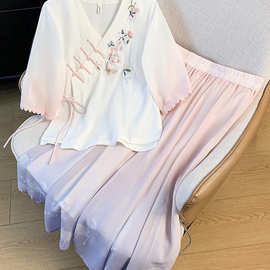 8023#新款夏新款国风复古文艺女装茶服改良v领刺绣上衣中袖套装