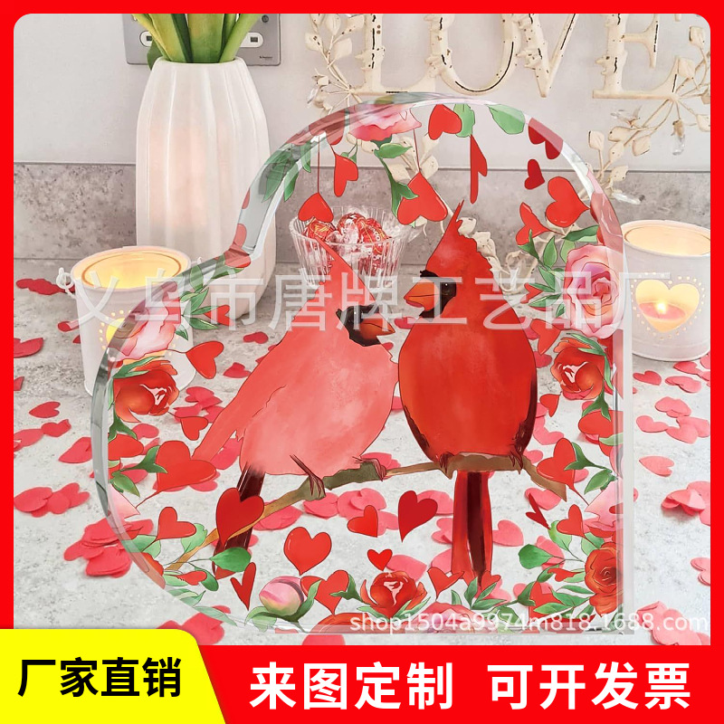 亚马逊新品红鸟爱心亚克力情人节送爱人的工艺品摆件桌面装饰品