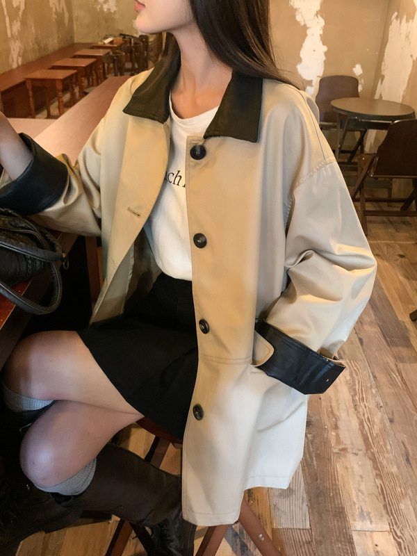 意法韩系撞色拼皮设计小个子短款风衣女早秋气质宽松外套撞色拼接|undefined