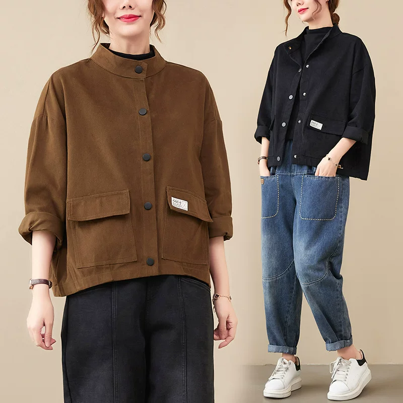 Autumn retro long-sleeve for leisure, jacket, oversize