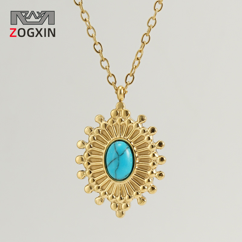 Transfronterizo de acero inoxidable azul turquesa 18K collar mujer Comercio exterior titanio acero simple titanio acero ojo joyería colgante en stock