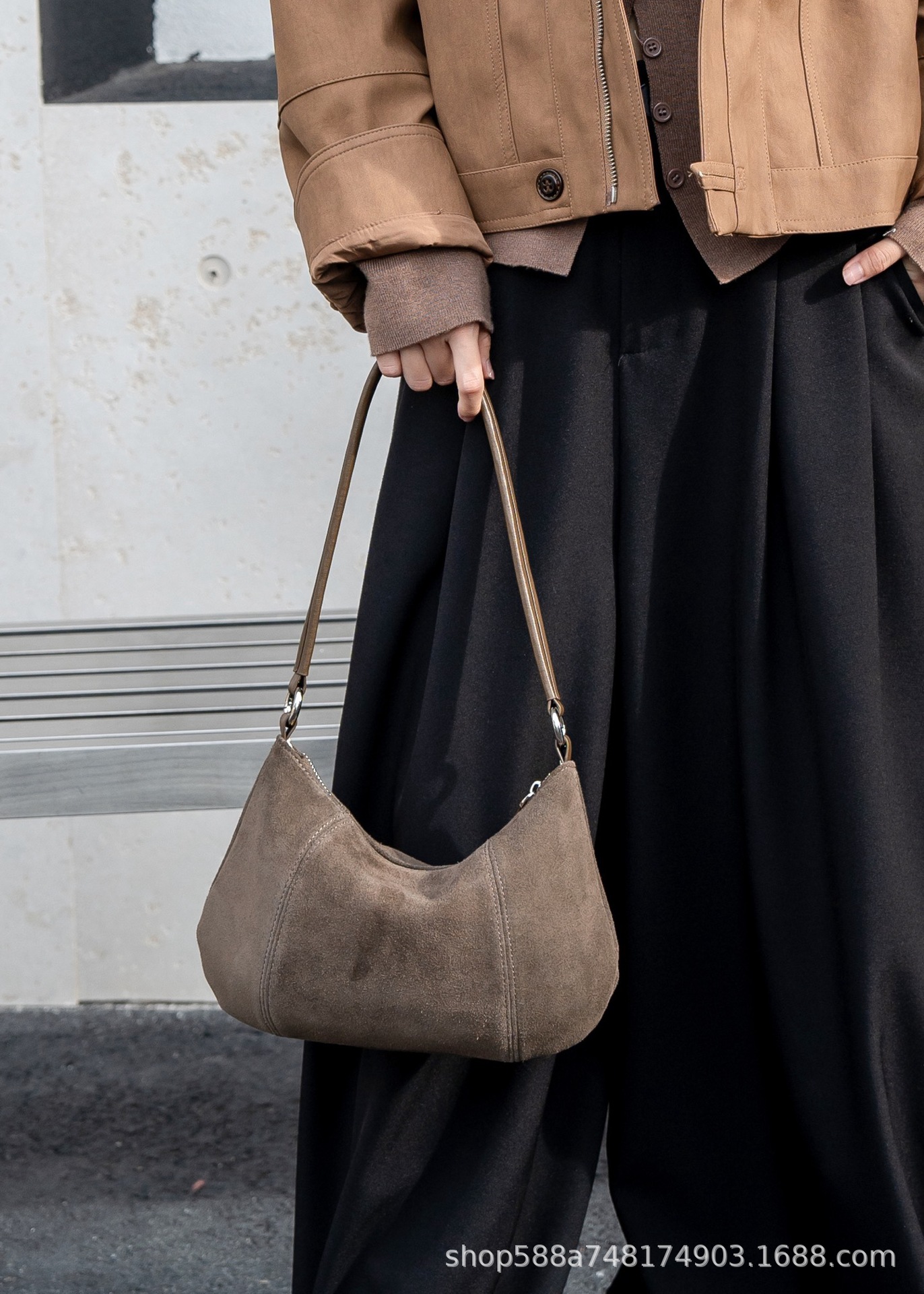 Frosted Cowhide Underarm Hobo Bag For Women, Fashionable Elegant Crescent Handbag, Suede Crossbody Dumpling Bag - Thumbnail 8