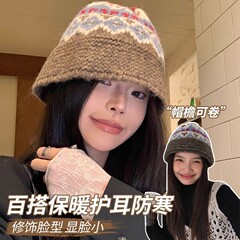 秋冬帽子女针织渔夫帽女秋冬季保暖护耳毛线帽显脸小百搭盆帽