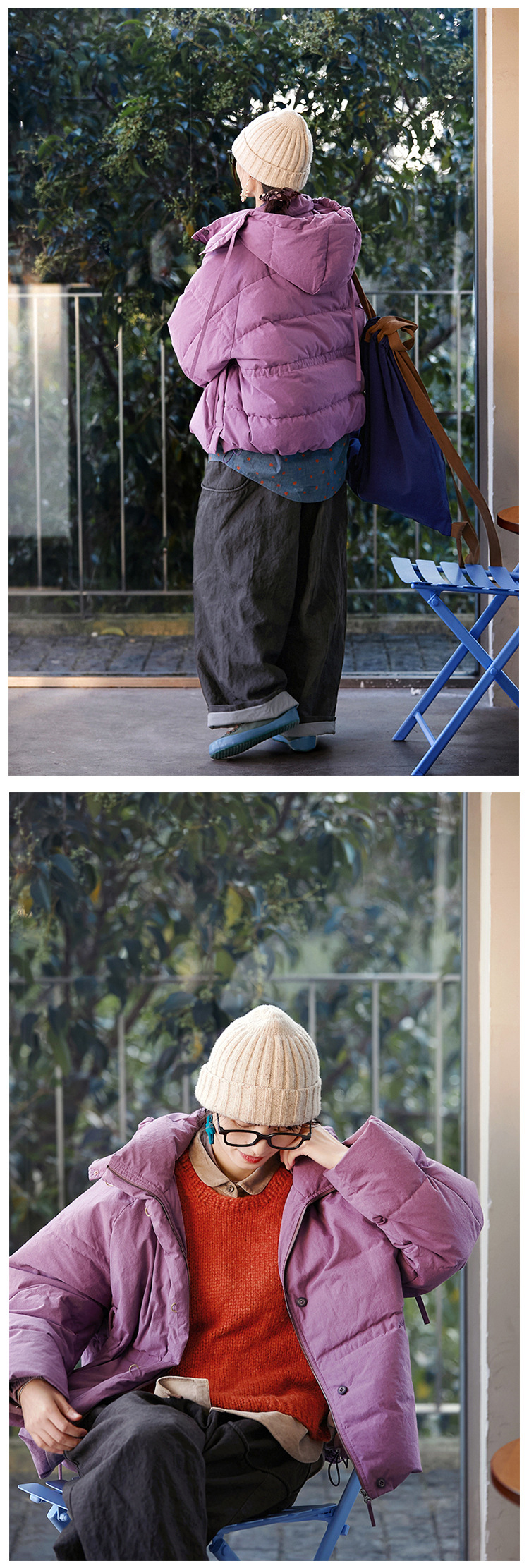 ラベンダーパープルの素朴で暖かいスタンドカラーダウンジャケット