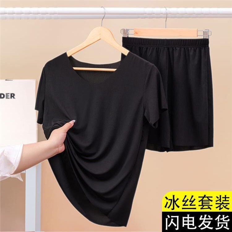 Carefully Selected Ice Silk Short-Sleeve Set for Women, Suitable for Wearing Outside, Summer Pajamas, V-Neck, 2025 New Style T-Shirt, Loose Casual Plus Size