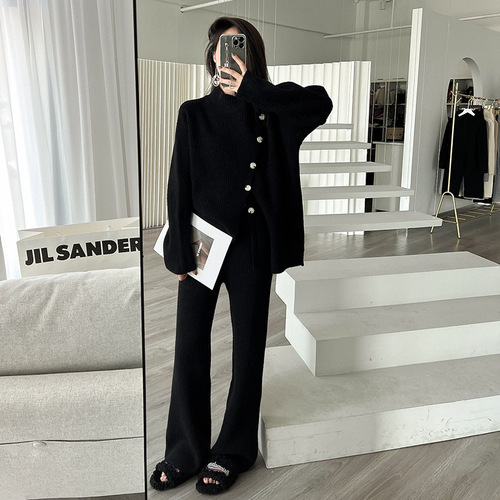 Half turtleneck knitted sweater pants two-piece set for women autumn and winter  new Korean style casual petite suit for women