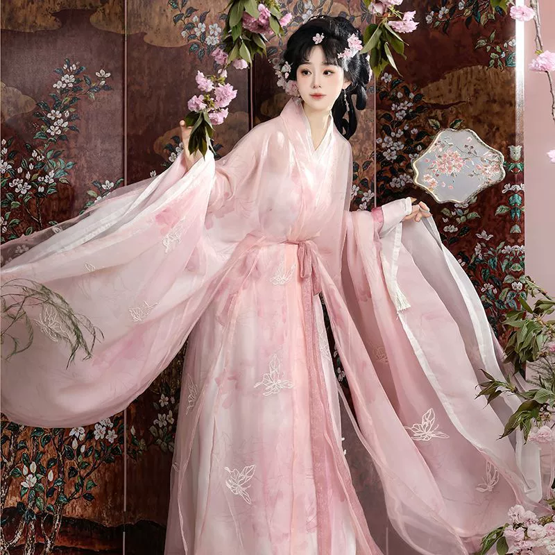 Оригинальный женский ханьфу в китайском стиле, модифицированная древняя сказочная рубашка для девочек с широкими рукавами, перекрестным воротником и прямым подолом.