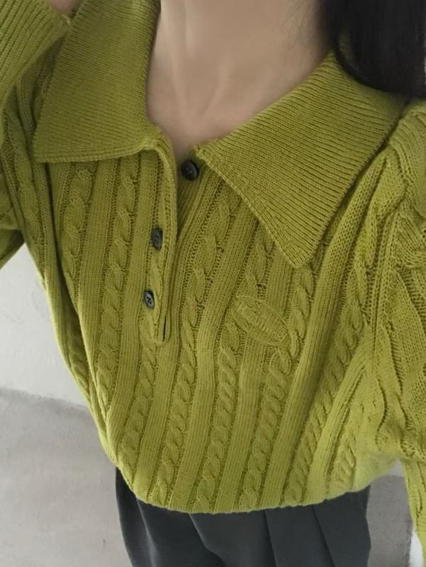 2025秋季新款毛衣蓝色麻花POLO领针织衫女慵懒高级感上衣秋冬女装|undefined
