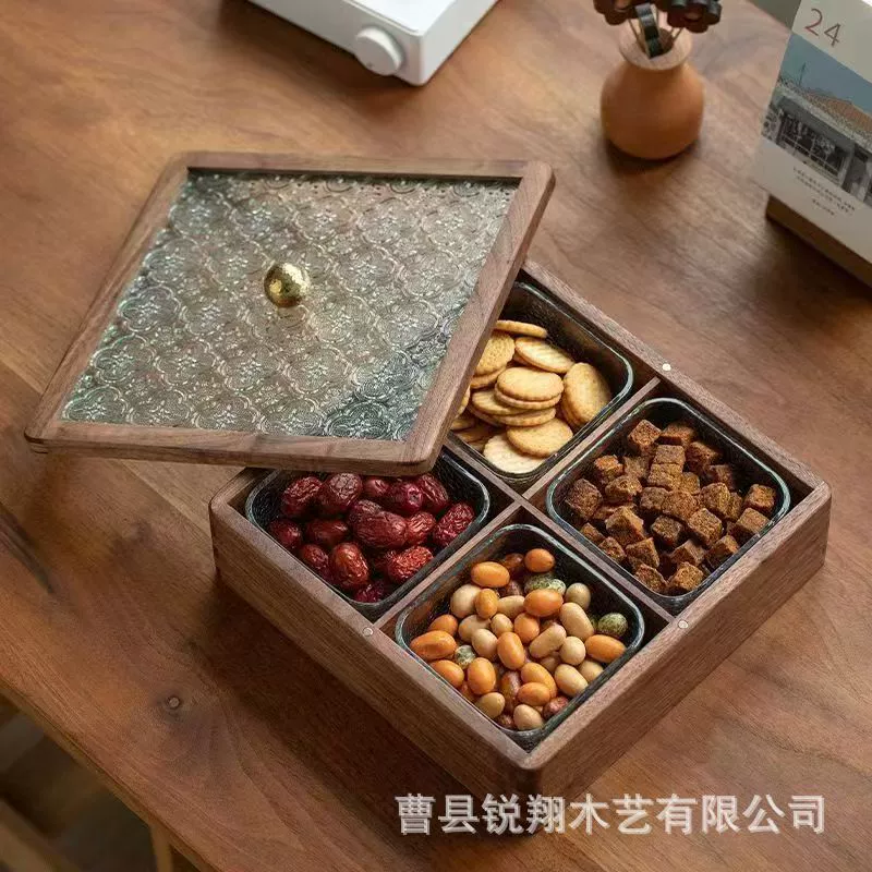 Высокое значение деревянная коробка из высушенных фруктов, квадратная коробка из четырех ящиков, ореховая закуска, коробка из цельного стекла, деревянная коробка