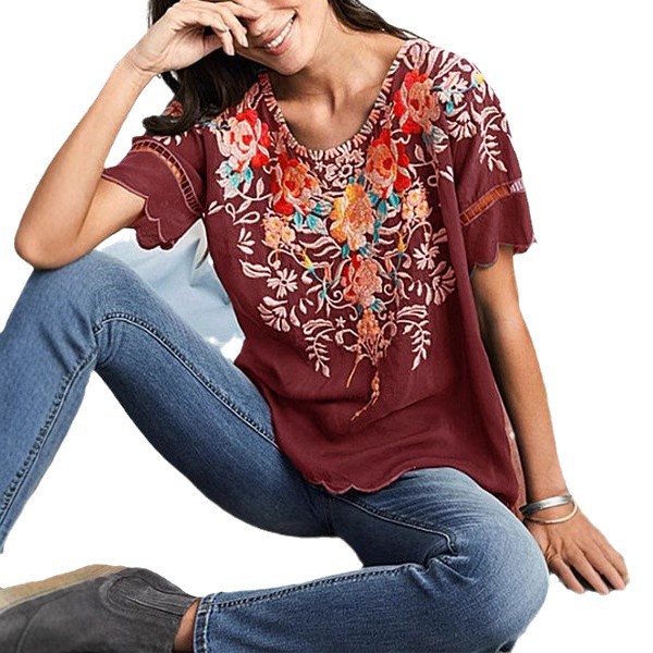 2020 Summer European and American Women's Clothing Amazon Short-Sleeved Embroidered Tops Embroidered Shirts Round Neck Shirts New Style