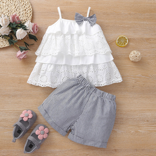 Amazon Children's Floral Lace Strap Top and Striped Shorts Set for Girls