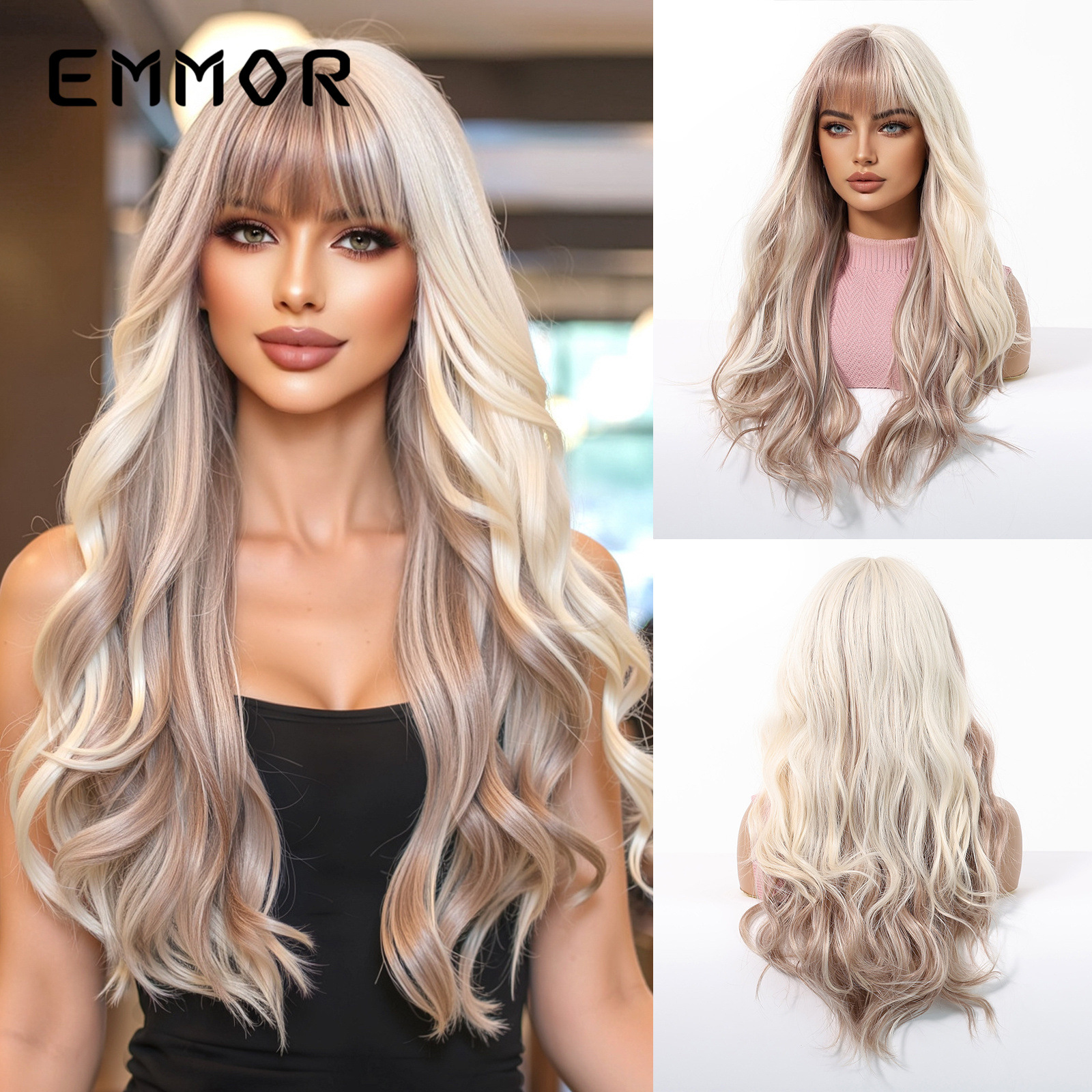 Celebridades de Internet en color dopamina, flequillo europeo y americano, ondas grandes, cabello largo y rizado, peluca de venta caliente transfronteriza, tipo de cabello completo