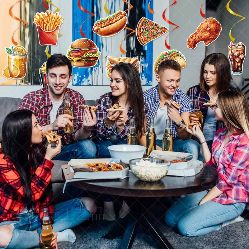 Tema de comida rápida decoración de cumpleaños etiqueta colgante en espiral papas fritas hamburguesa pizza colgante en espiral suministros para fiestas de cumpleaños