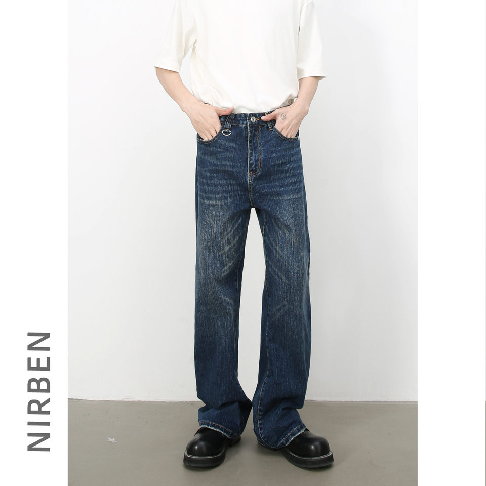 Quần jean nam ống rộng ống đứng phong cách Hàn, cạp vừa, denim cotton thoáng mát — Màu xanh lam, Đen xám