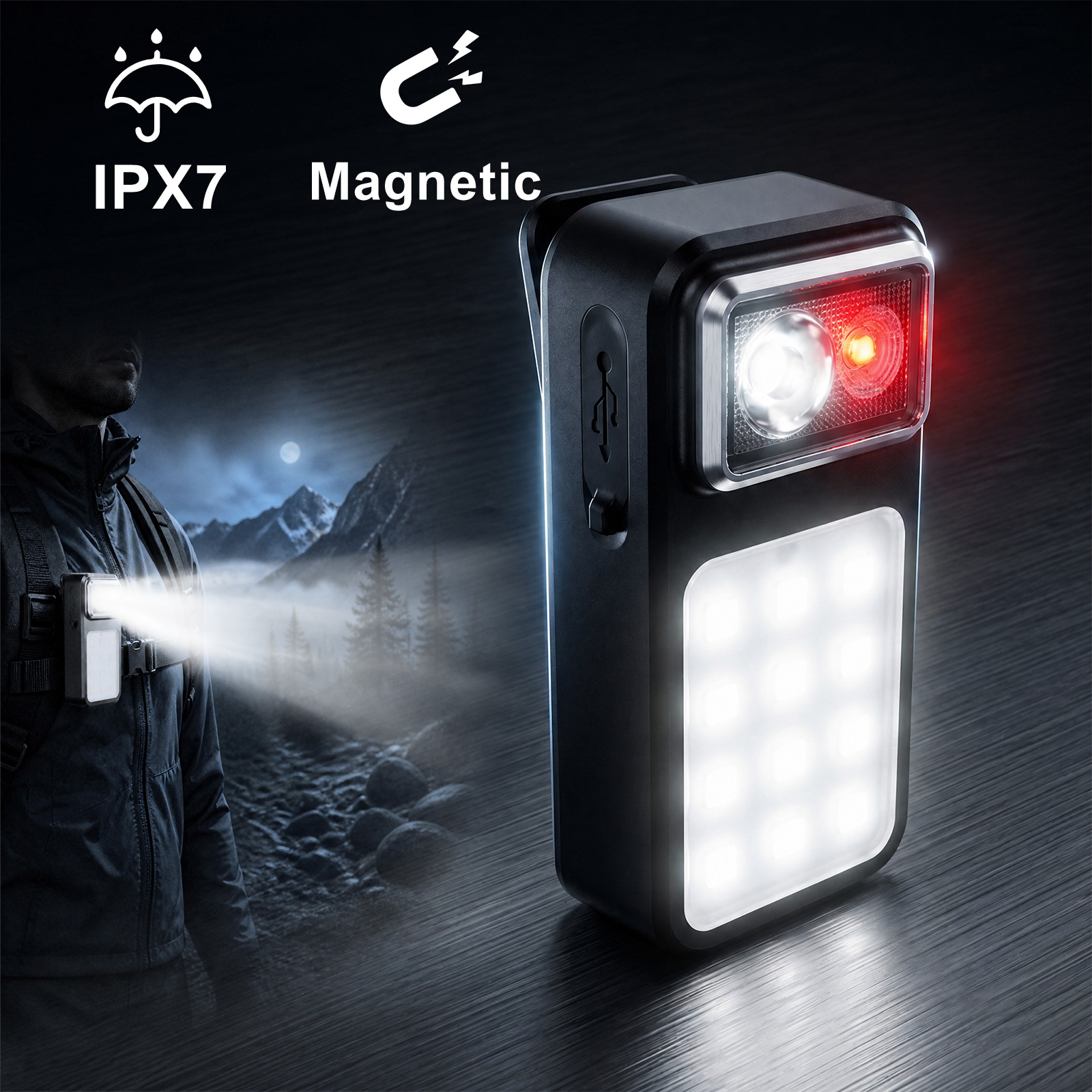 New cross-border e-commerce emergency magnetic clip light, IPX7 waterproof, rechargeable, multifunctional night climbing and hiking light