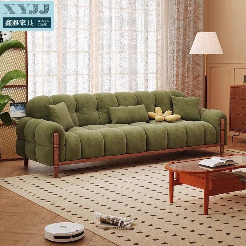 Retro-Style Piano Key Chenille Velvet Fabric Sofa for Small Living Rooms, Solid Wood High-Leg Cloud Sofa in a Straight Row