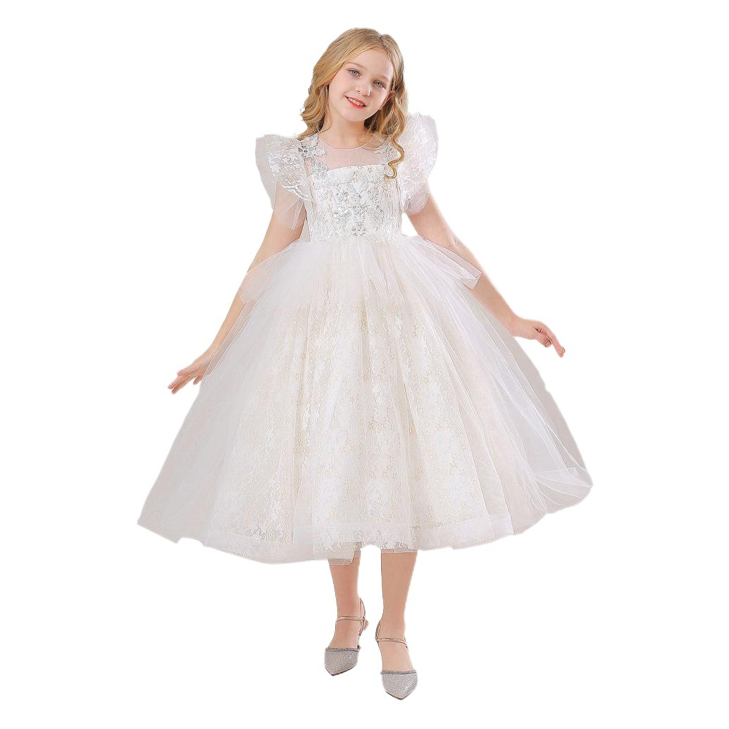 Nuevo vestido para niños Vestido de princesa Vestido de boda de malla para niños medio y grande Vestido largo pettiskirt pequeño vestido de manga voladora