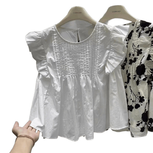 2025 Sweet Short-Sleeve Top Flying Sleeve Shirt Summer French Unique Loose Slimming Babydoll