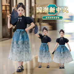 女童夏季泡泡袖T恤漢字馬面裙套裝大兒童新中式短袖半身裙兩件套